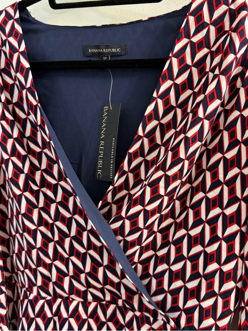 Banana Republic NWT Faux Wrap Midi Dress Size 12 Geometric Red Navy White Lined - Picture 5 of 14